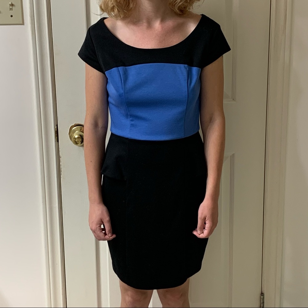🌷3 for $25🌷Iz Byer, US 7, Black & Blue Colour Blocked Cap Sleeved Peplum Dress